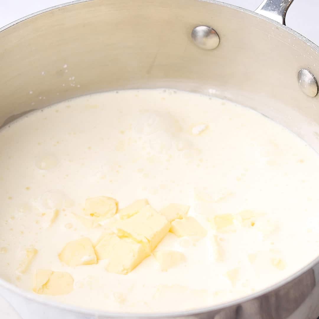 Cream and butter added to saucepan