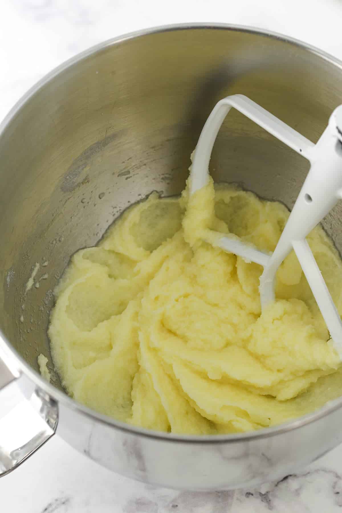 The creamed butter and sugar mixture after the eggs have been mixed in