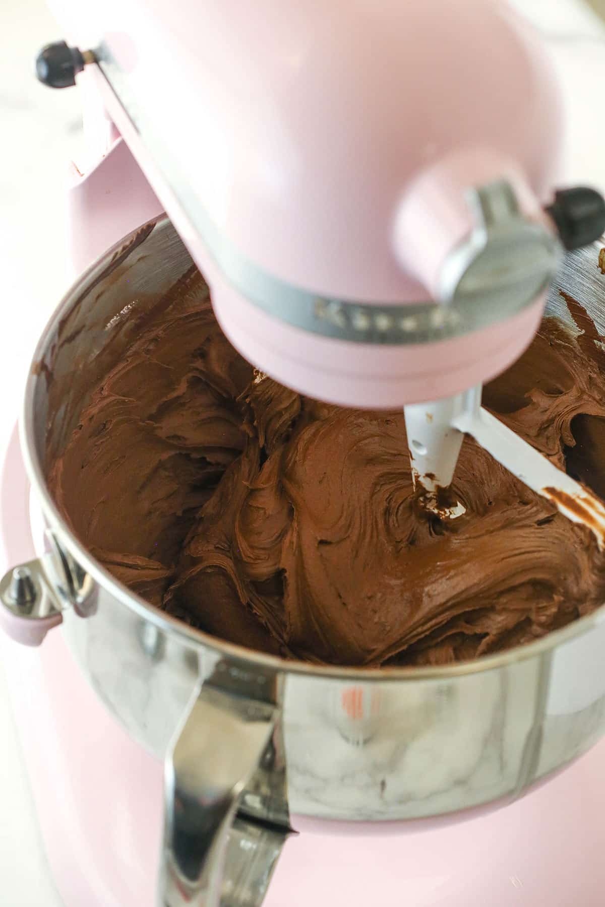 final chocolate buttercream in bowl of stand mixer