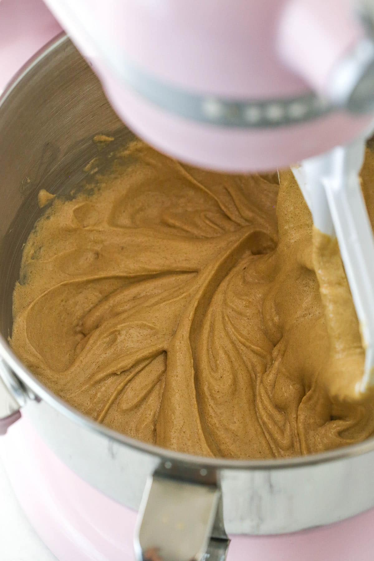 butter, oil, sugar, vanilla and eggs combined in mixing bowl on stand mixer