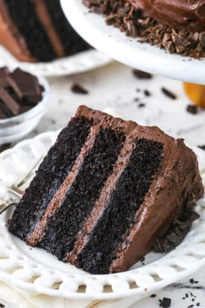 slice of Devil's Food Cake on white plate with another slice and bowl of chocolate in the background