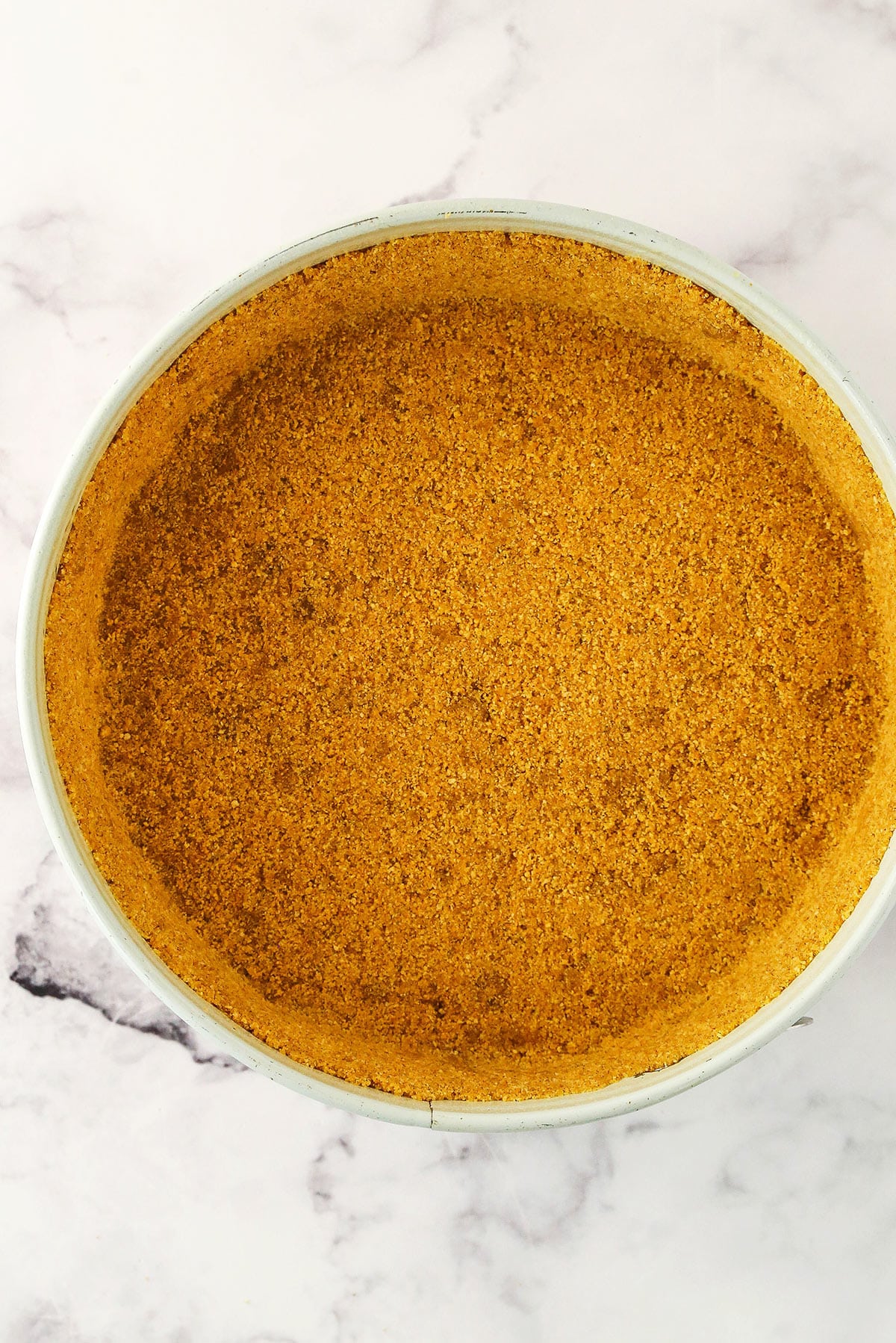 A graham cracker crust pressed firmly into a springform pan