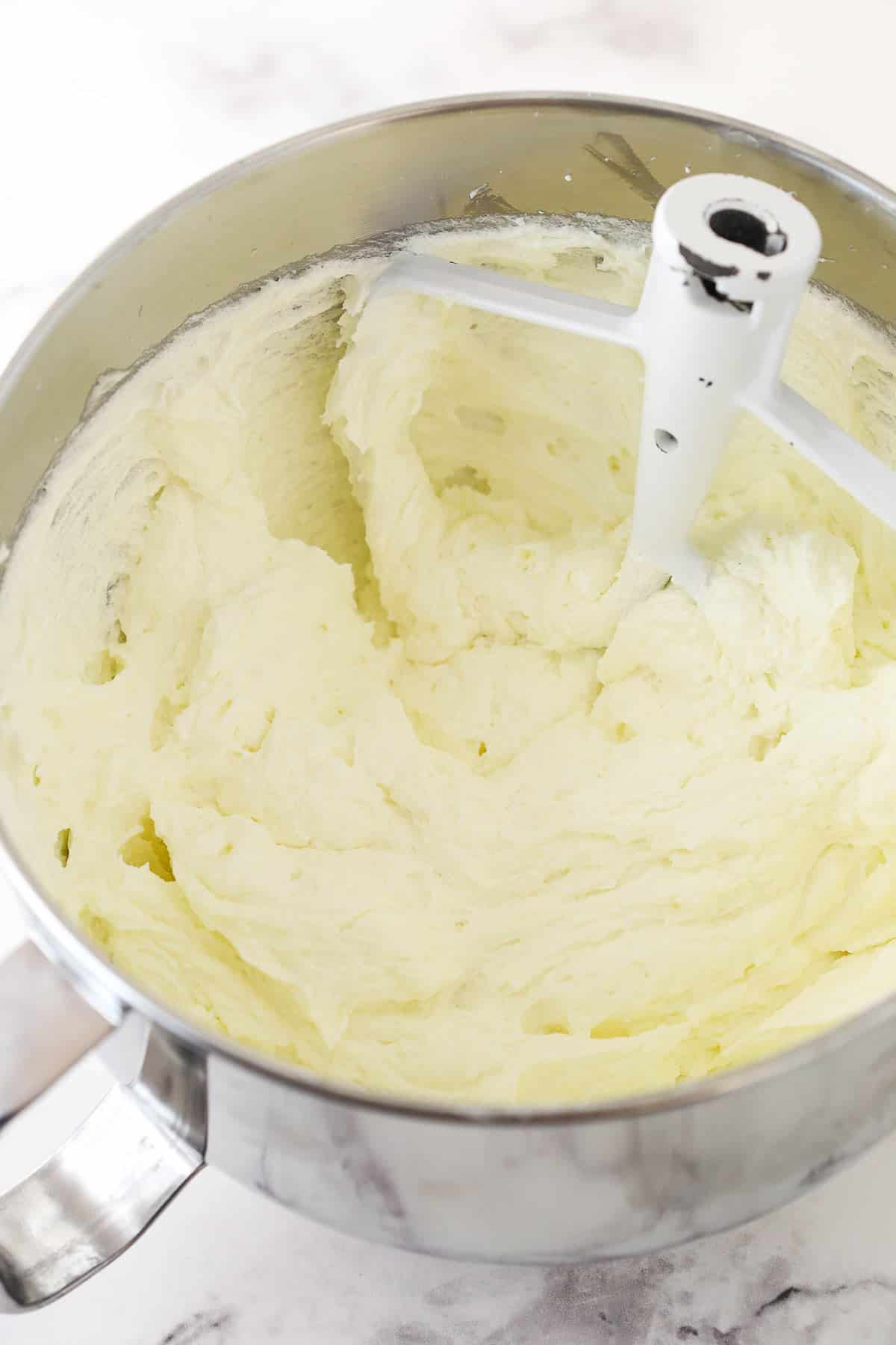 The cream cheese pound cake batter after the sugar has been incorporated