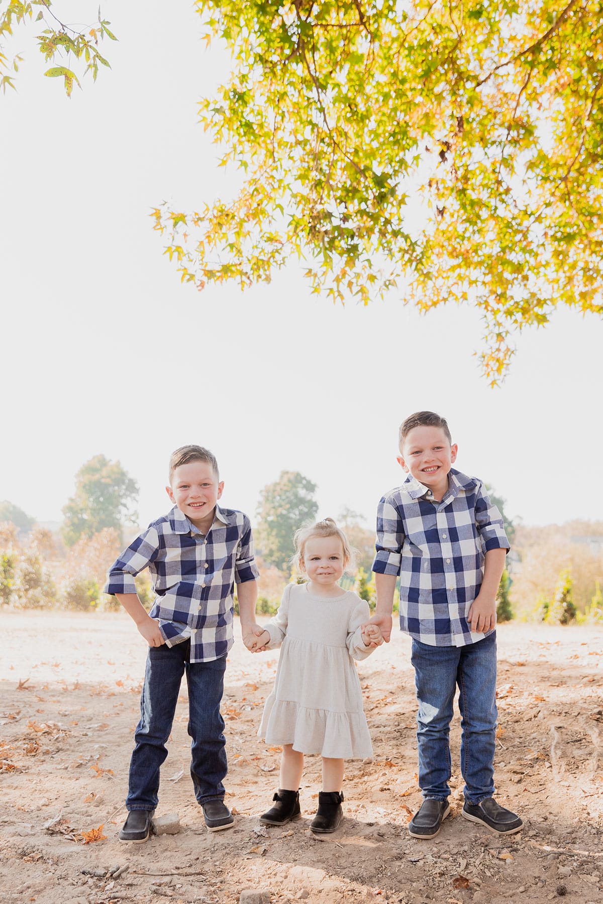 the boys holding mckenzie's hands and standing under a tree