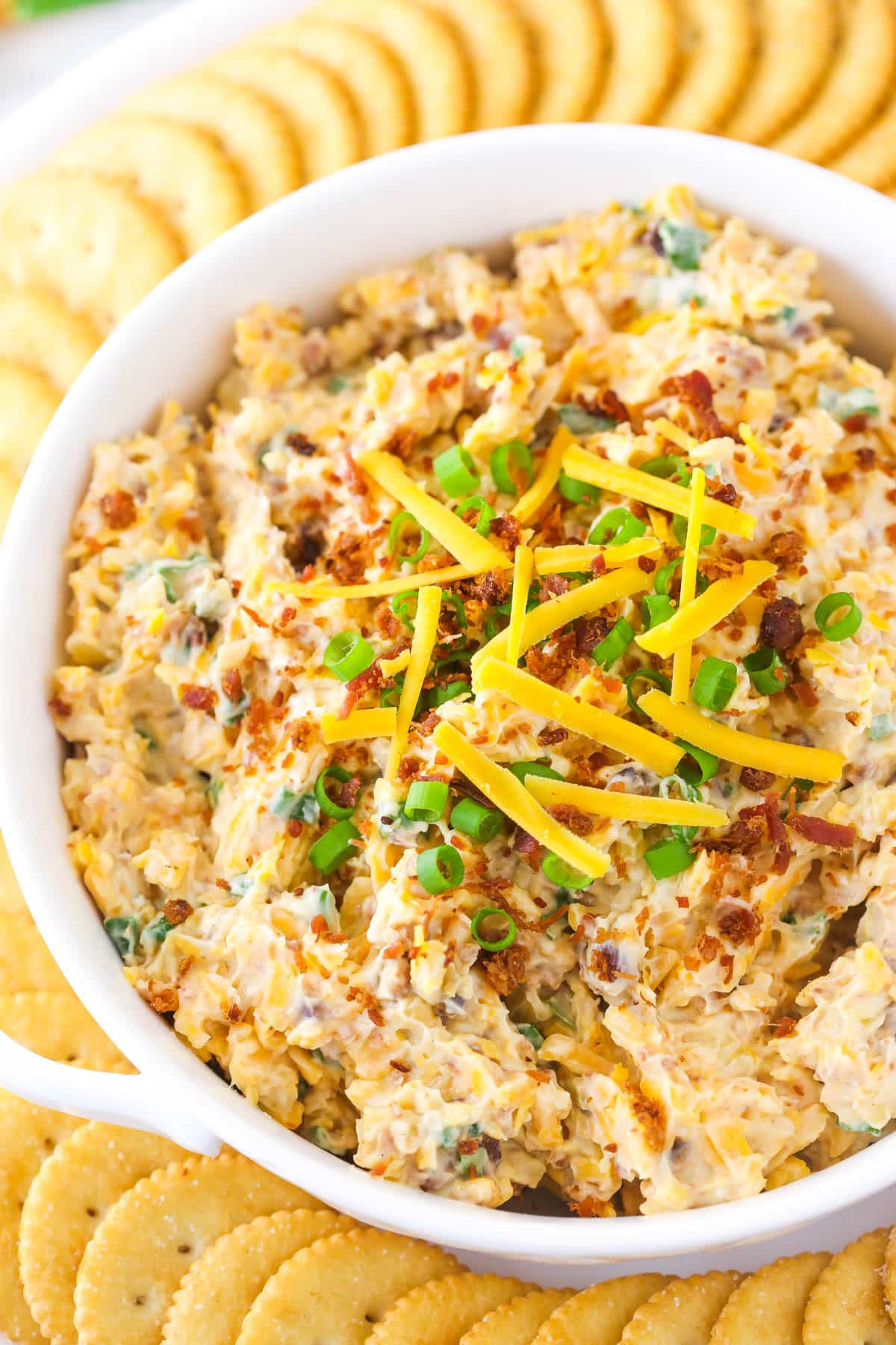 Million Dollar Dip is quick and made with only 5 ingredients - bacon, cheese, green onions, almonds, and mayo. A perfect game day snack! Million dollar dip surrounded by ritz crackers