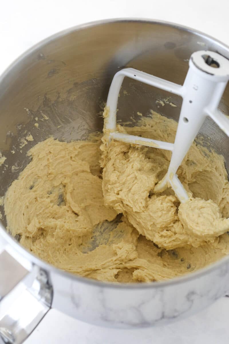 Cookie dough in a mixing bowl.