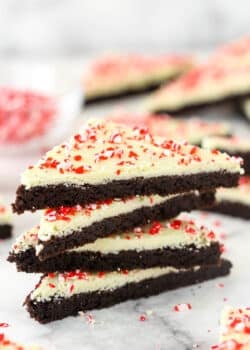 Festive peppermint bark cookies in a stack