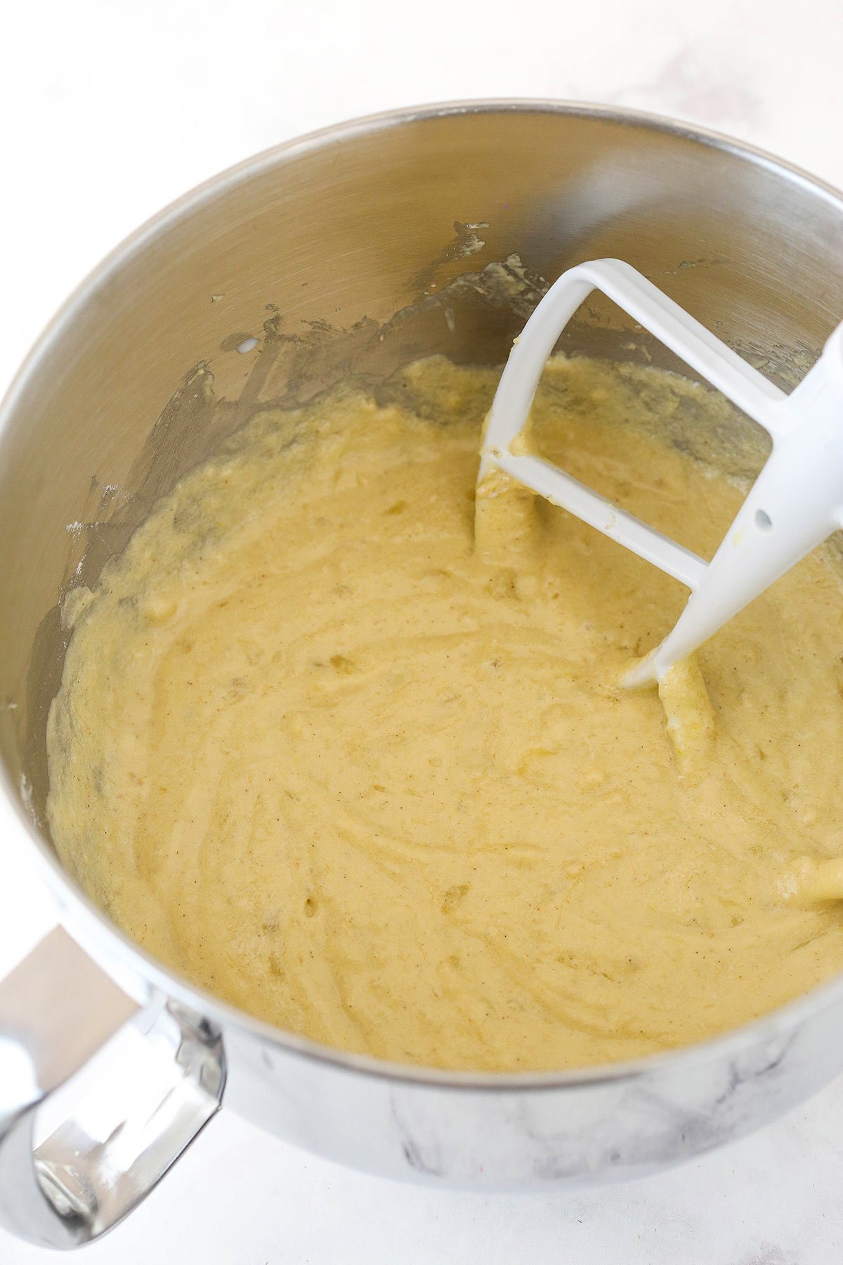 Batter with bits of mashed banana. 