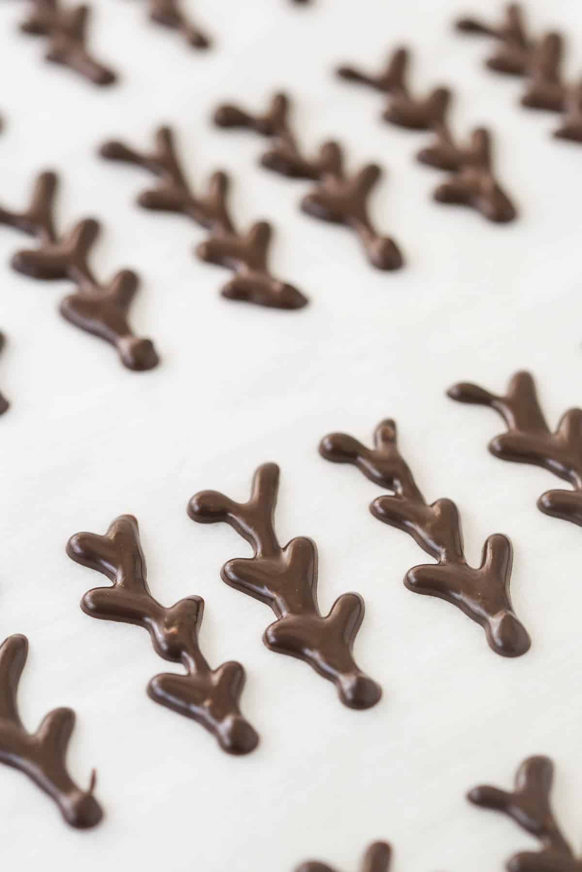 chocolate antlers piped onto parchment paper