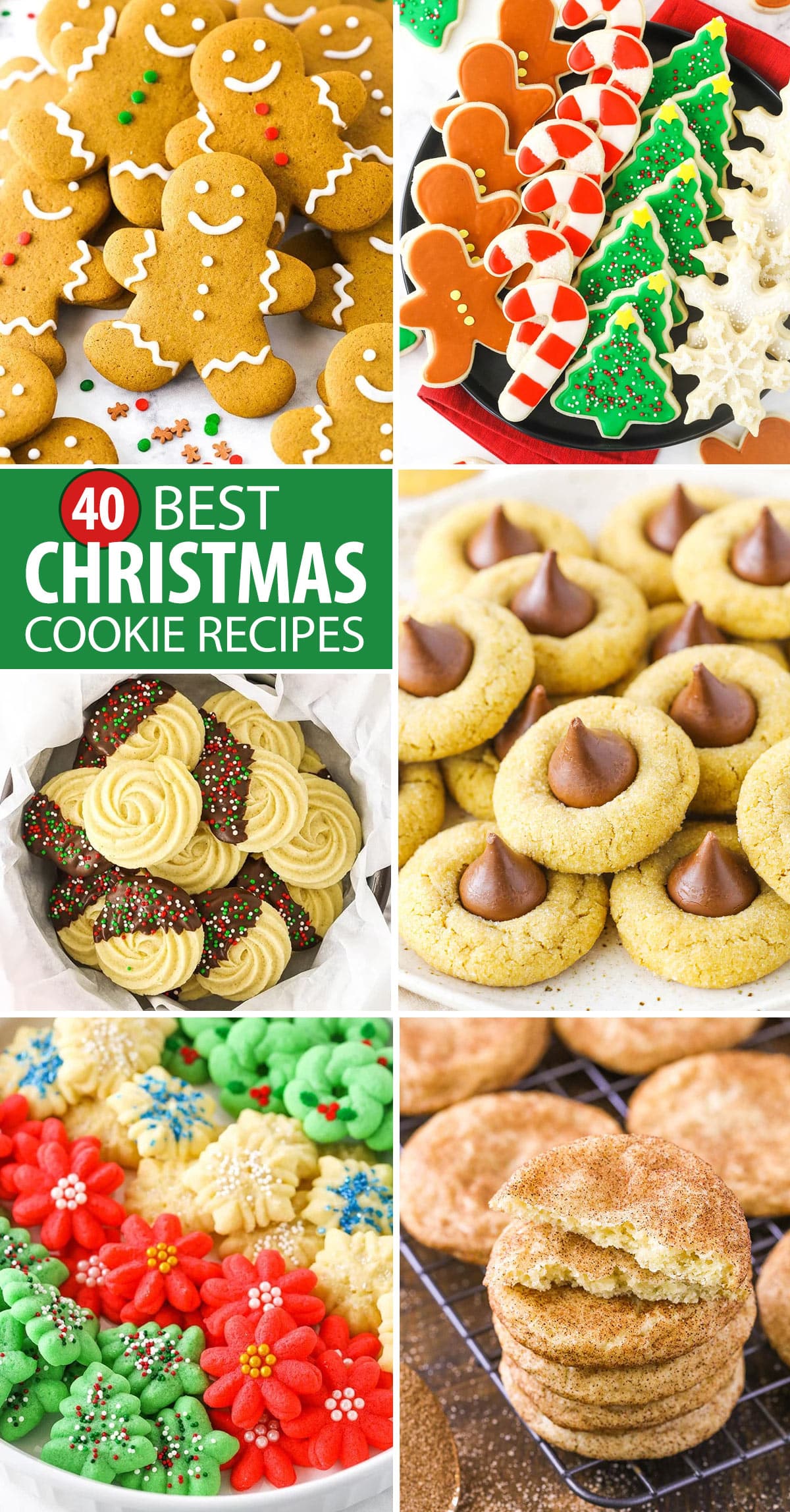 collage of christmas cookies - gingerbread, cutout cookies, peanut butter blossoms, butter, spritz and snickerdoodle