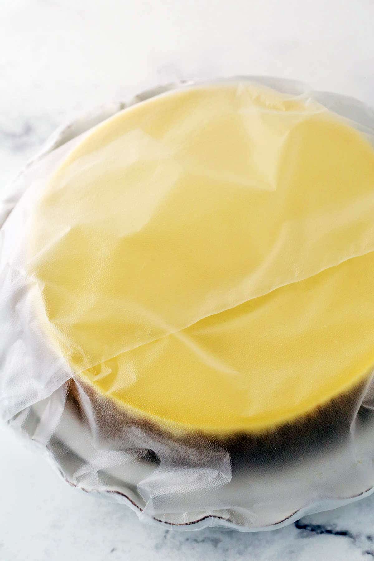 a cheesecake on a platter covered in plastic wrap