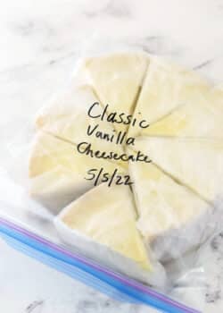 individually wrapped slices of cheesecake in a ziplock bag with the name and date written on it