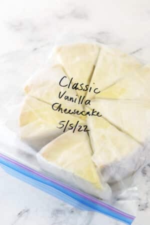 individually wrapped slices of cheesecake in a ziplock bag with the name and date written on it