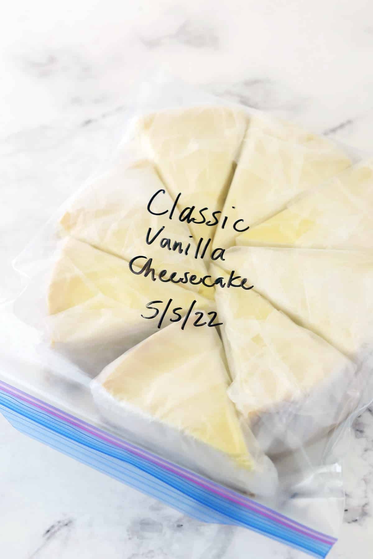 individually wrapped slices of cheesecake in a ziplock bag with the name and date written on it