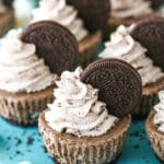 No bake mini Oreo cheesecakes on a serving platter.