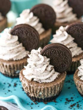 No bake mini Oreo cheesecakes on a serving platter.