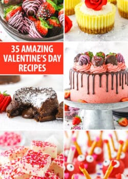 collage of 6 photos of valentines day desserts - chocolate covered strawberries, mini rose cheesecakes, lava cakes, chocolate covered strawberry cake, fudge and love bug oreo balls