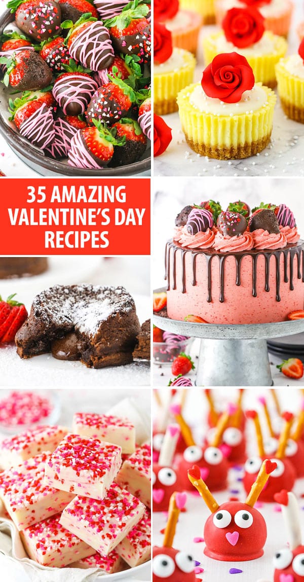 collage of 6 photos of valentines day desserts - chocolate covered strawberries, mini rose cheesecakes, lava cakes, chocolate covered strawberry cake, fudge and love bug oreo balls