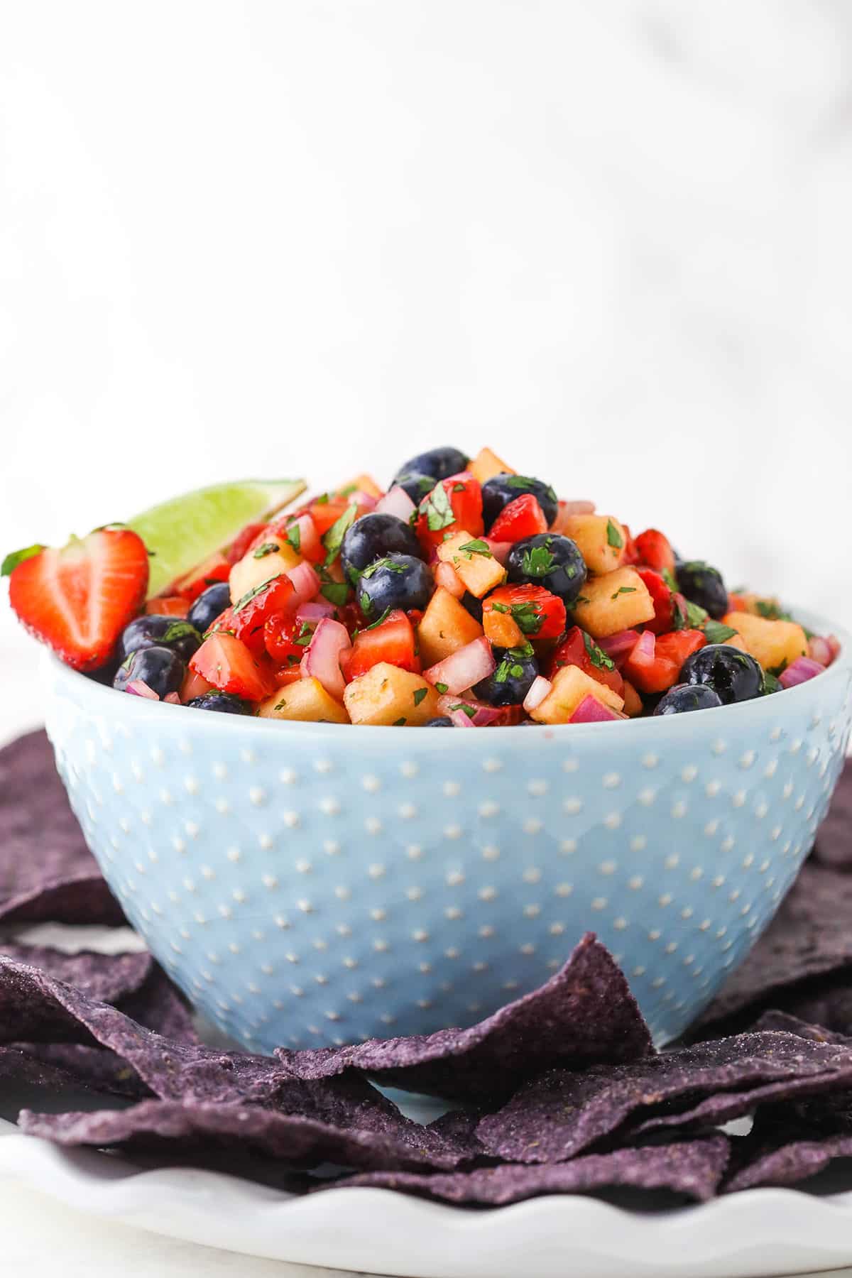 berry fruit salsa in a light blue bowl