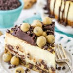 slice of chocolate chip cookie dough cheesecake on teal napkin