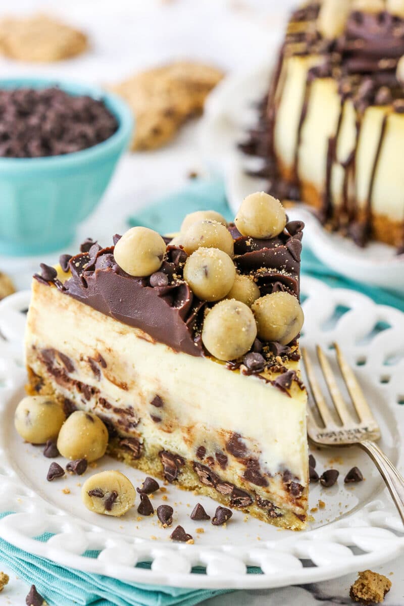 slice of chocolate chip cookie dough cheesecake on teal napkin