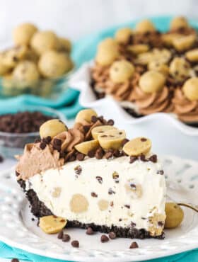 Slice of Chocolate Chip Cookie Dough Ice Cream Pie on a white plate with a fork and cookie dough balls and chocolate chips in the background