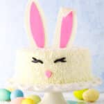 Side shot of a complete Easter Bunny Cake with fondant bunny ears, eyes and nose on a white cake stand with painted Easter eggs underneath