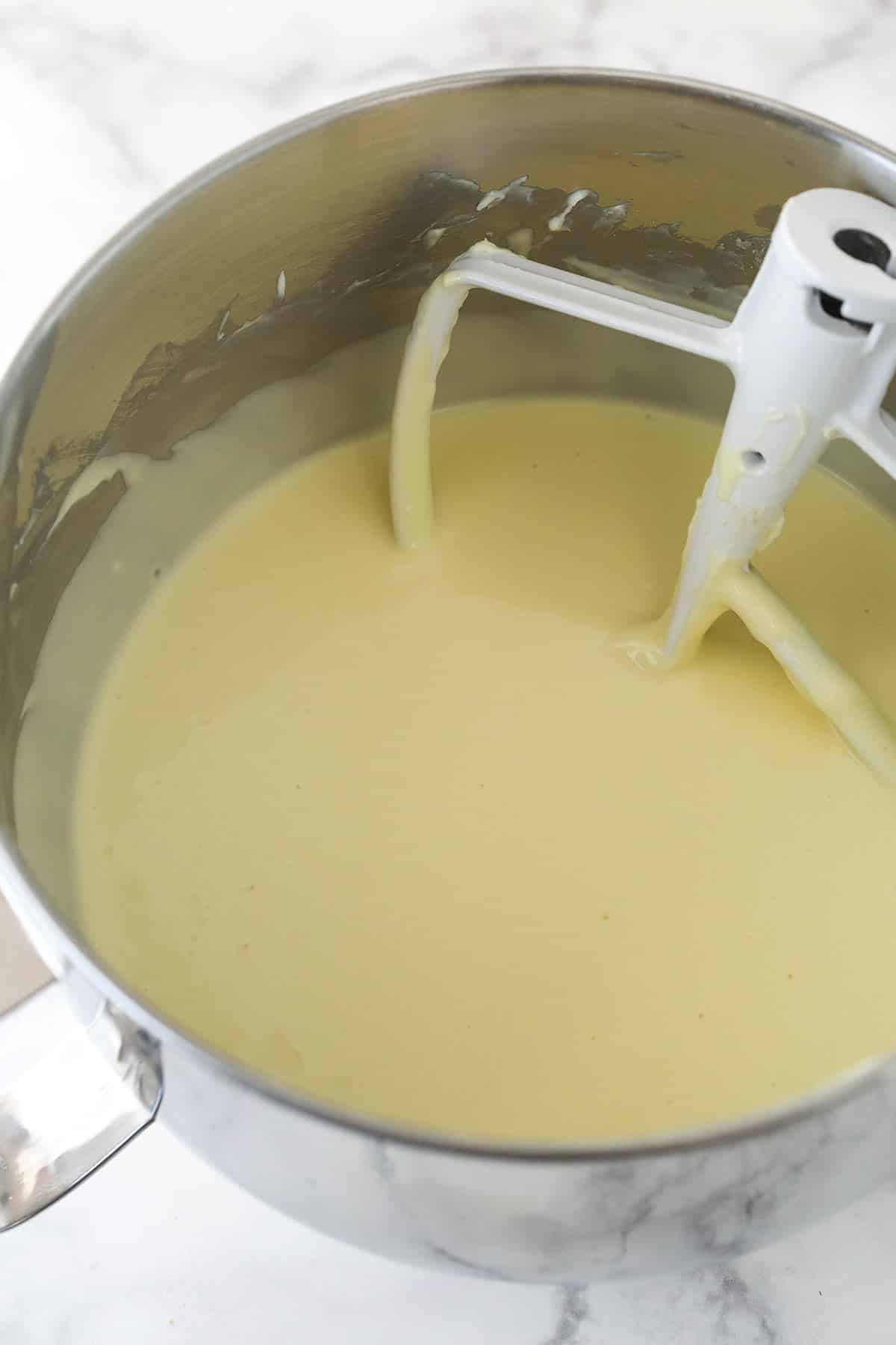 Cheesecake batter in a mixing bowl.