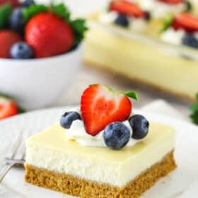 A slice of hassle free, easy cheesecake on a plate with a fork.
