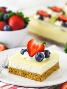 A slice of hassle free, easy cheesecake on a plate with a fork.