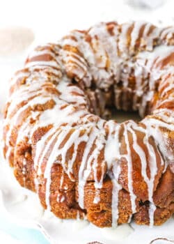 Top view of homemade monkey bread on a white plate