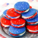 red, white and blue cookies on a silver plate - overhead image