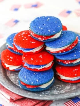 red, white and blue cookies on a silver plate - overhead image