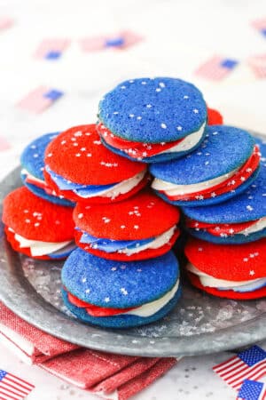 red, white and blue cookies on a silver plate - overhead image