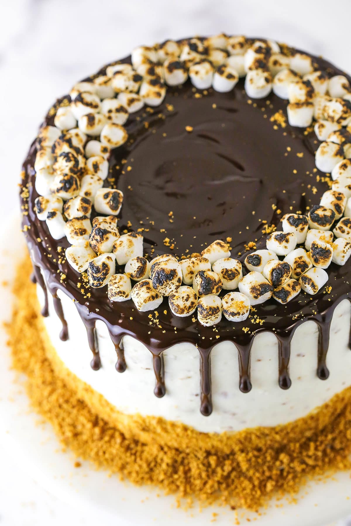 A full S'mores Cake topped with marshmallows and chocolate drip on a cake stand