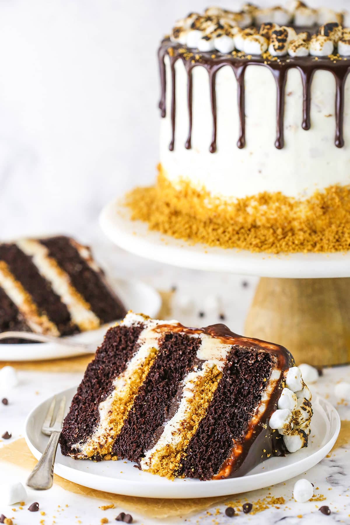 A slice of S'mores Cake with a fork on a white plate and the remaining S'mores Cake on a cake stand