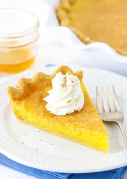 A slice of Vinegar Pie with a whipped cream swirl on a white plate next to a fork