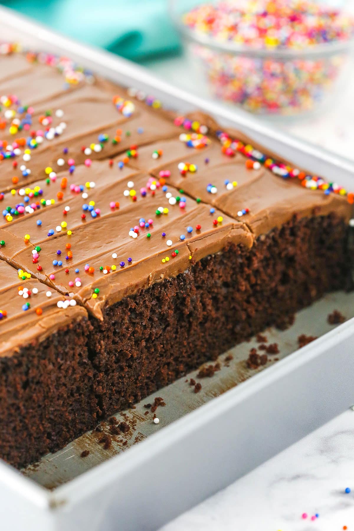 Wacky Cake with chocolate frosting and colorful sprinkles in a silver cake pan with the first row removed