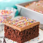 A single square serving of Wacky Cake with chocolate frosting and sprinkles on a white plate with a fork