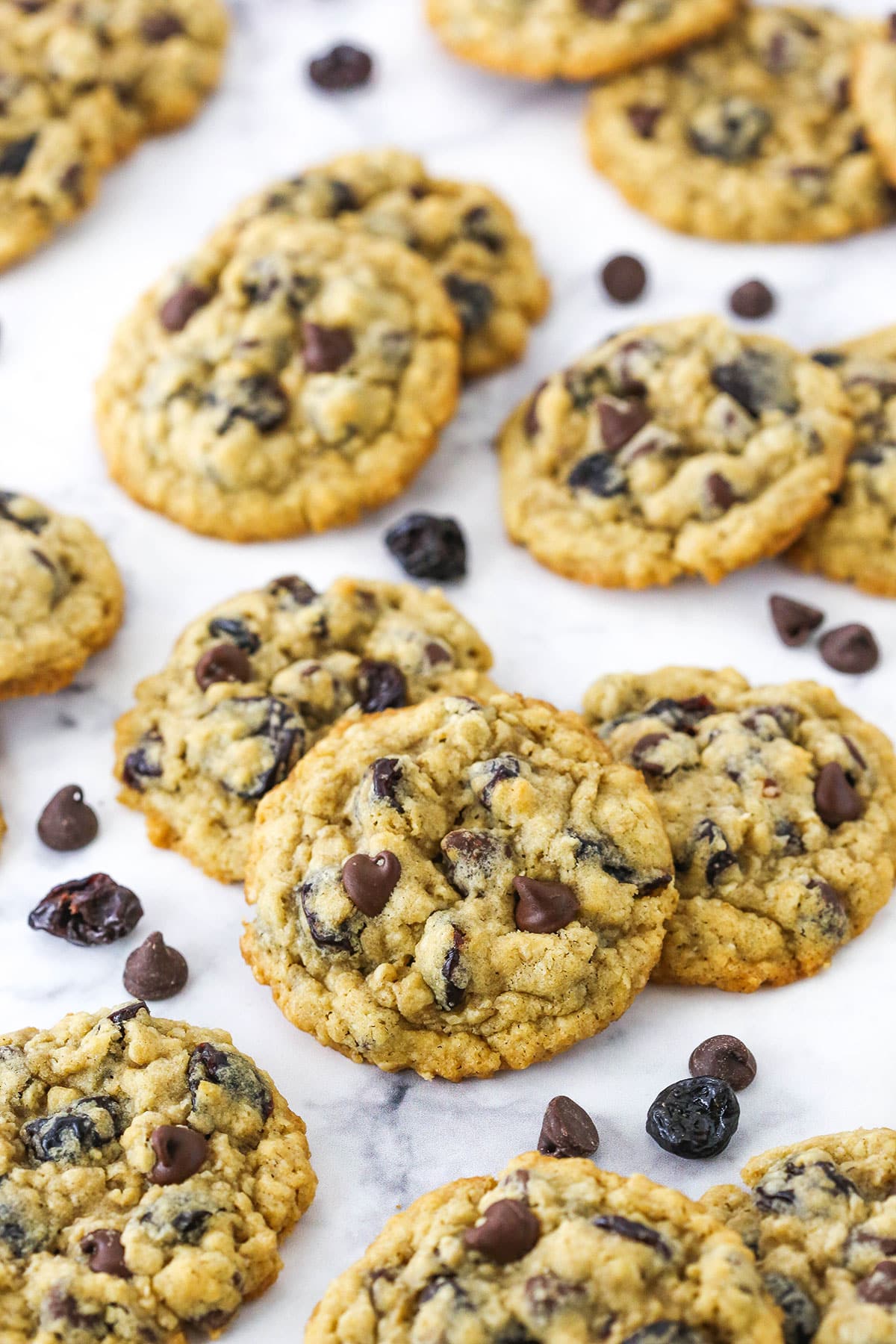 Overhead view of Cherry Chocolate Chip Oatmeal Cookies spread out on a white marble table top.