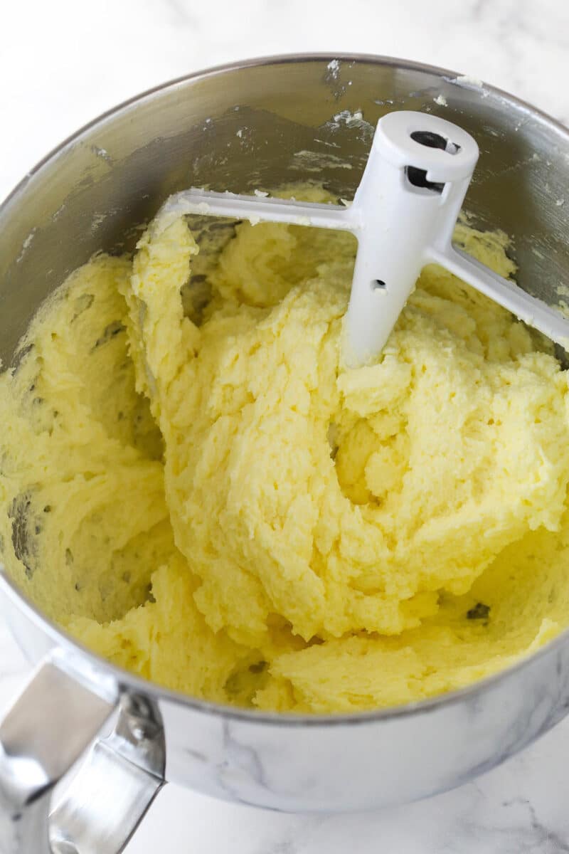 Wet ingredients for pound cake after incorporating the eggs.