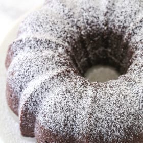 Overhead of chocolate pound cake.