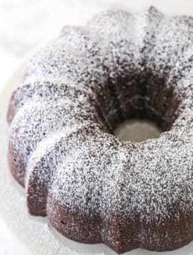 Overhead of chocolate pound cake.