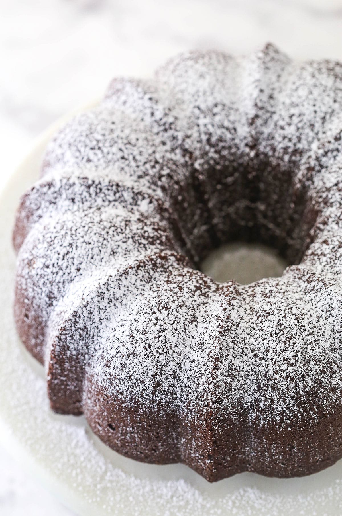 Overhead of chocolate pound cake.