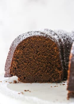 Closeup of chocolate pound cake with a bite taken out of it.