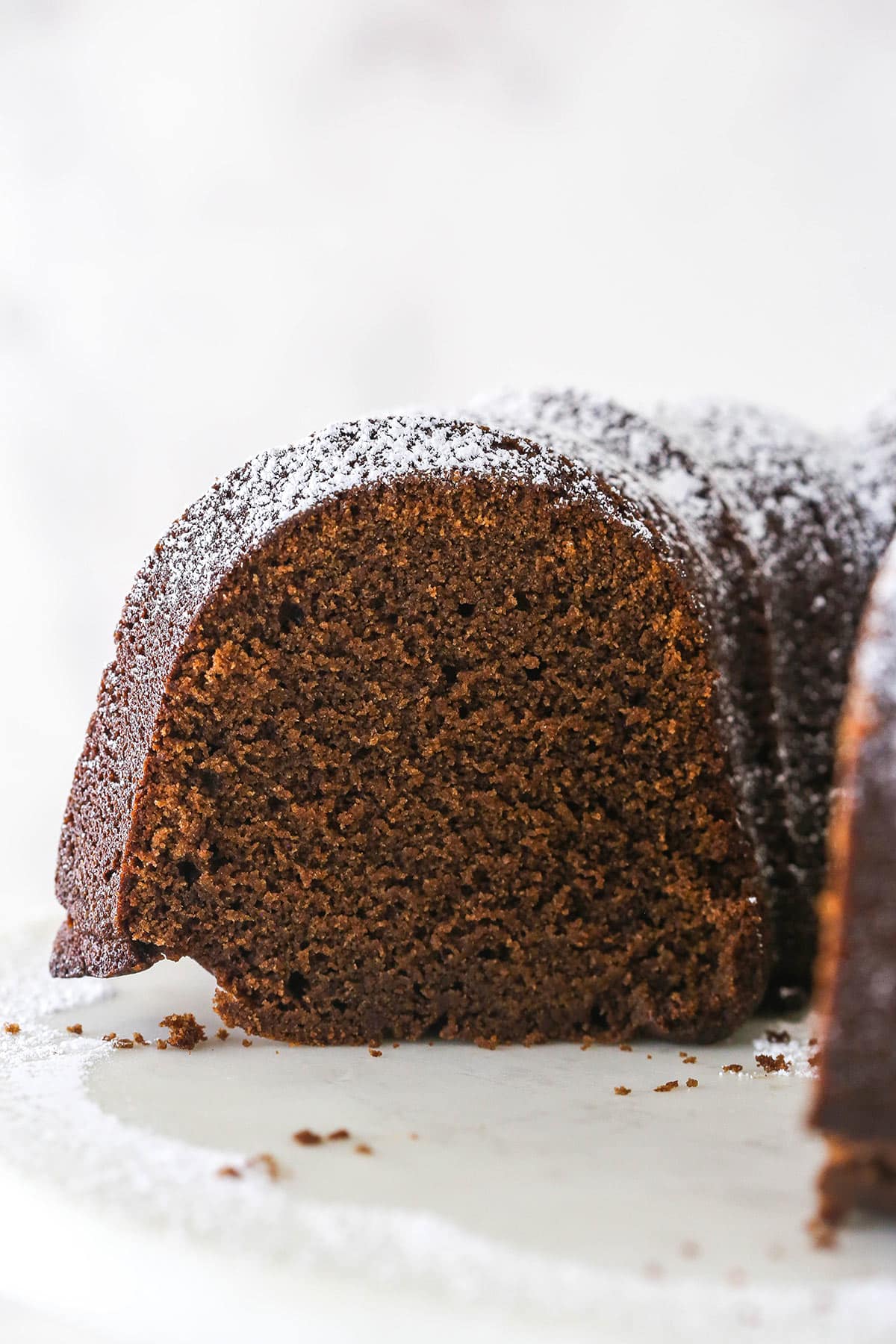 Closeup of chocolate pound cake with a bite taken out of it.