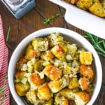 Classic Homemade Stuffing in a white bowl with a silver spoon