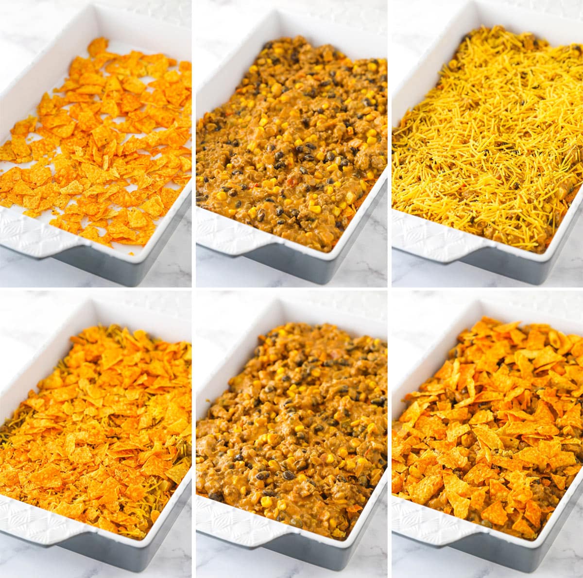 This Dorito casserole is made with layers of Doritos, ground beef, cheese, black beans, and corn and is packed with taco flavor. Stages of baking Dorito casserole.