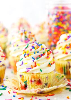 Homemade Funfetti Cupcakes topped with white frosting and colorful sprinkles