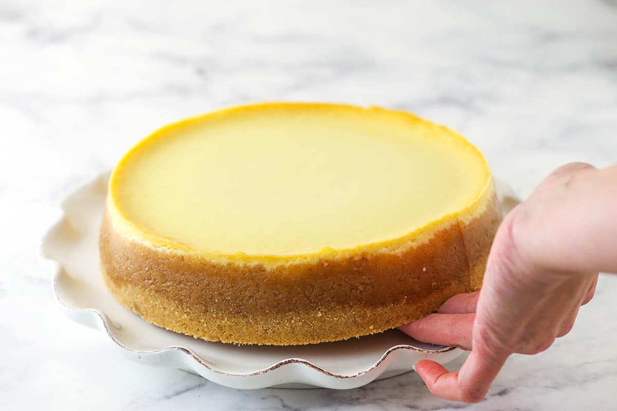 removing my fingers from underneath the cheesecake as it's put on the platter